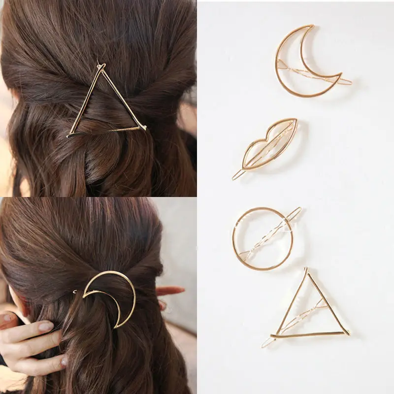 

Fashion Alloy Geometry Hairpin Horsetail Clip Gold Silver Color Cute Cat Moon Triangle Circle Hair Clip for Girl Wholesale Gift