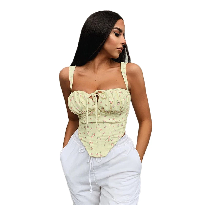 2021 Floral Print Corset Summer Crop Top Women Boning Ruched Strap Sweet Camisole Tank Drawstring Sexy Hollowed Backless Tops