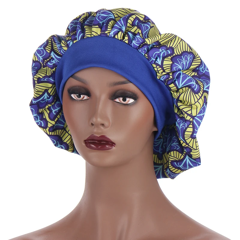 

Fashion African Pattern Printed Satin Bonnet Hijabs Hat Nightcaps Double Layer Turban Extra Large Wide Border Lady Head Wrap Hat