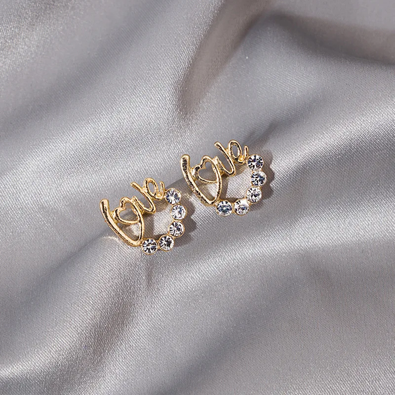 

Korean Version Of The Letter LOVE Love Earrings Crystal Stud Zircon Semi-circular Love-encrusted Diamond Stud Earrings Gift