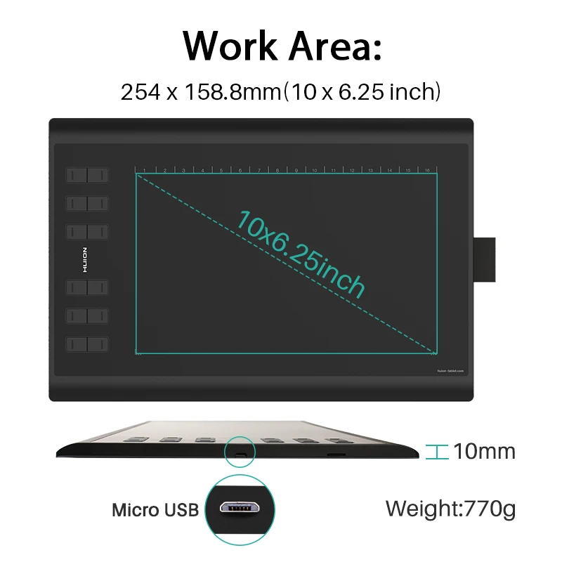 HUION H1060P графический планшет без батареи стилус наклон ±60° цифровой планшет 8192 ручка давление 12 Экспресс-ключей OTG адаптер