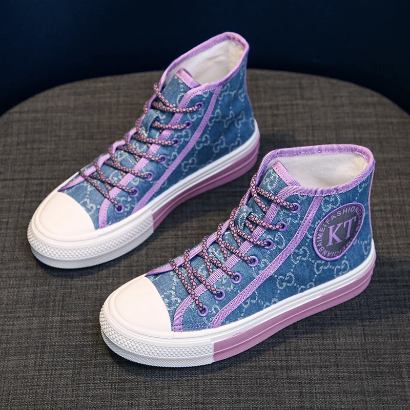 

2021 New Purple Canvas Shoes Women Vintage Women's High Top Lace Up Sneakers Platform Sports Shoes Hip Hop Street Style