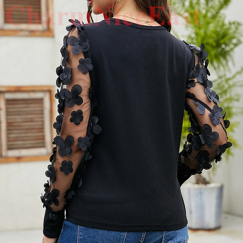 Женская элегантная сетчатая блузка в стиле пэчворк с длинным рукавом-фонариком