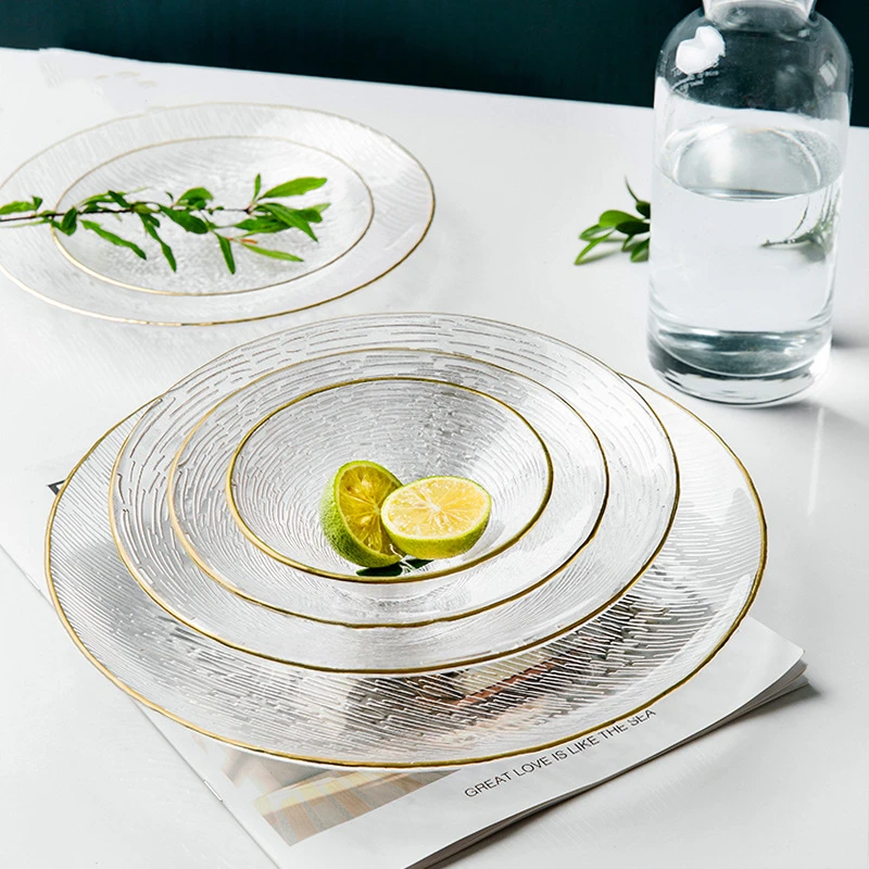 

Golden Edge Glass Bowl Plates Tableware Set Food Salad Sugar Bowl Dishes Fruit Plate Tray Decoration Creative Kitchen Utensils