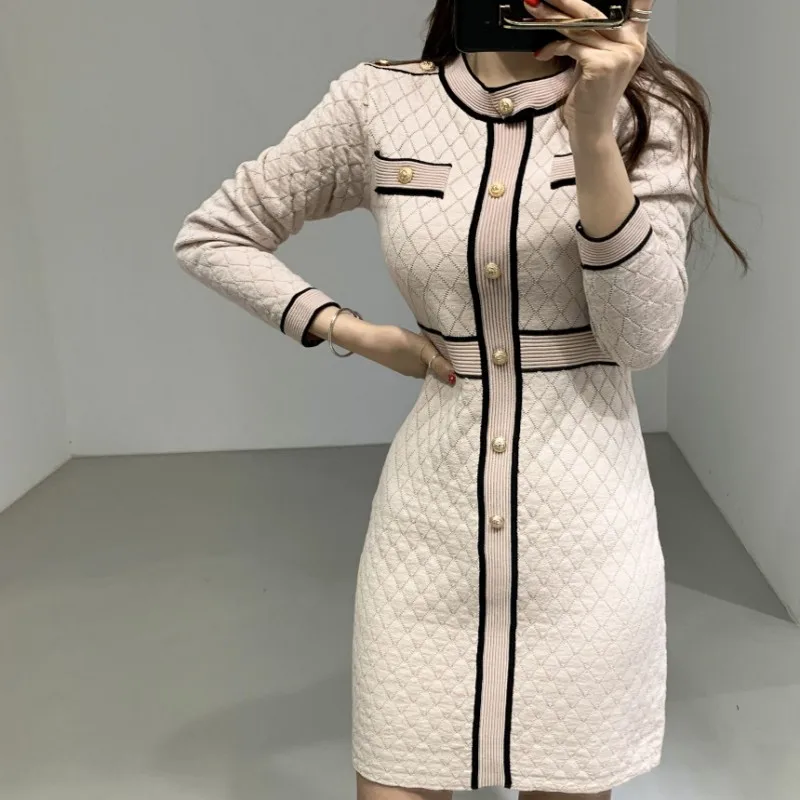 Женское трикотажное платье-свитер с круглым вырезом и длинным рукавом - купить по