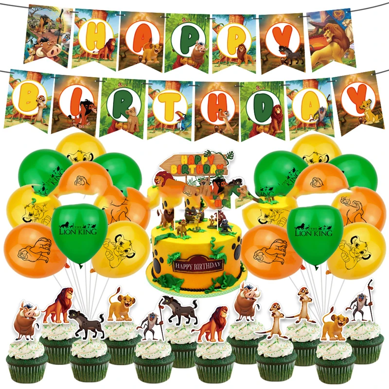 

1set/lot King Lion Theme Latex Balloons Hanging Banner Birthday Party Set Decorate Cake Card Flags Kids Favors Cupcake Toppers