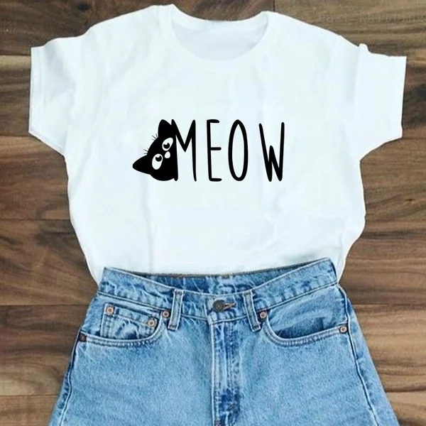 

Fashion Women Casual Meow Cat Print T Shirt Loose Plus Size Short Sleeve Women Tops Cute Graphic Street Punk Tees cute cat lover