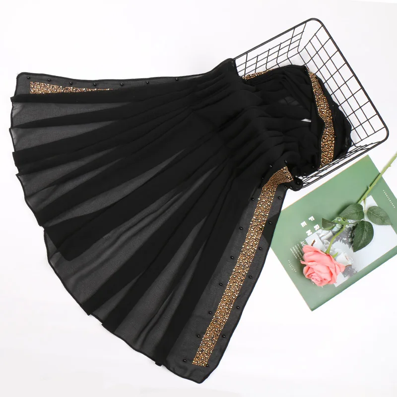 Plain Luxury Diamond Beads Bubble Chiffon Instant Hijab Ladies Stitch Chain Shawls and Wraps Bufandas Muslim Sjaal 180*75Cm