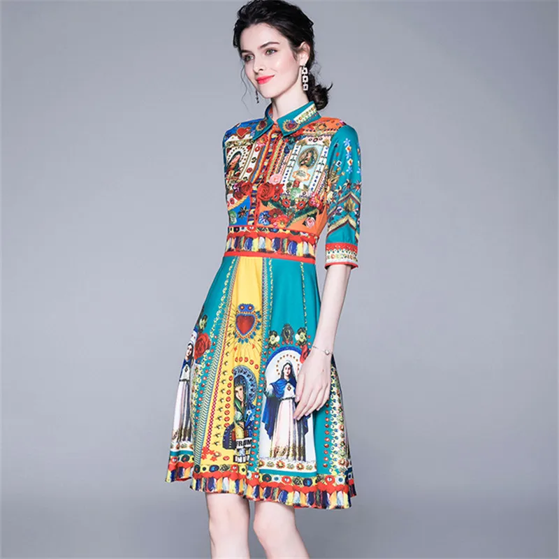 

Quality Fashion Designer Runway Dress 2019 Summer Women's Short Sleeve Elegant Floral Print Bow Casual Dress plaid