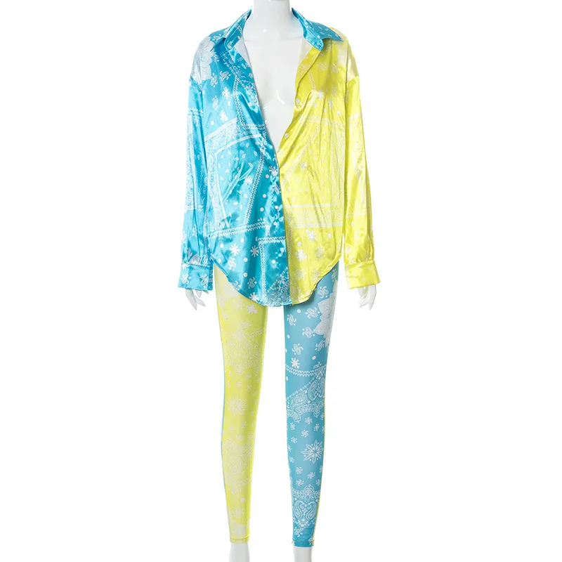 

Fashion women's summer new printed casual shirt hollow tight mesh trousers suit