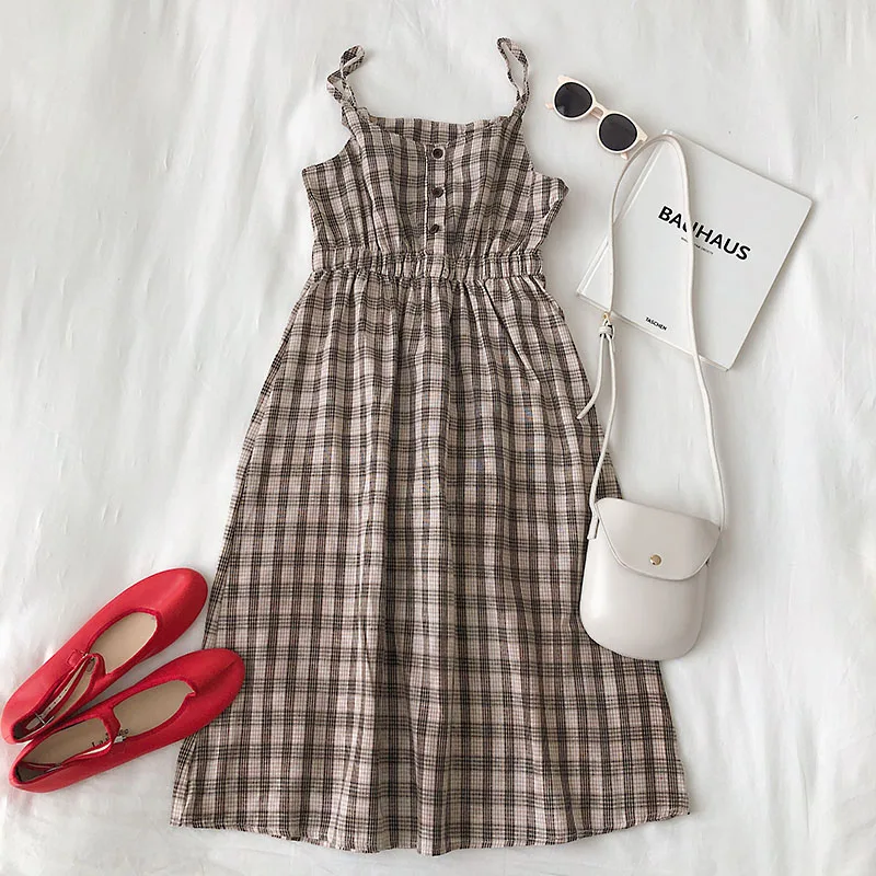 Платье в клетку для женщин платье трапециевидной формы с высокой талией милое