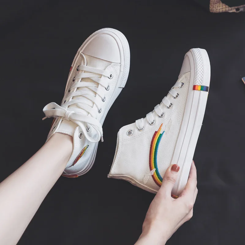

2021 New Women Fashion Vulcanized Shoes Women Sneakers New Retro Rainbow Canvas Shoes Ladies Flat Fashion Comfort High Top Shoes