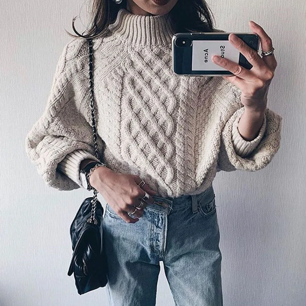 

Fashion Women Sweater Solid Twisted Long Sleeve Pull Jumper Knitting Autumn Winter Tops Female Sweaters Oversize