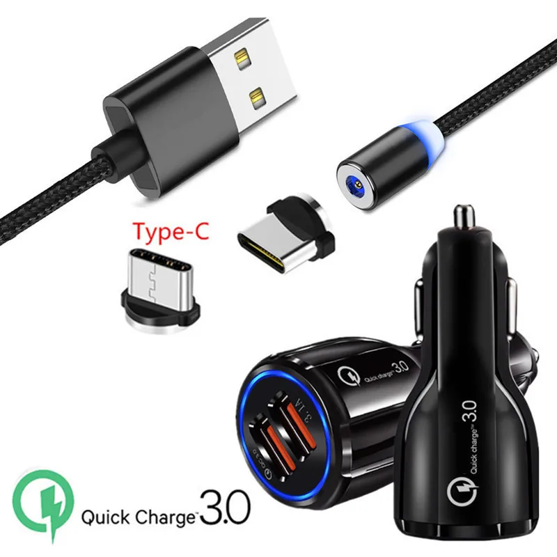 Магнитный кабель type-C QC 3,0 USB быстрое автомобильное зарядное устройство для samsung galaxy A70 A30 S8 Note 8 10 Pro htc U11 LG Q9 G6 G7 ThinQ Realme X