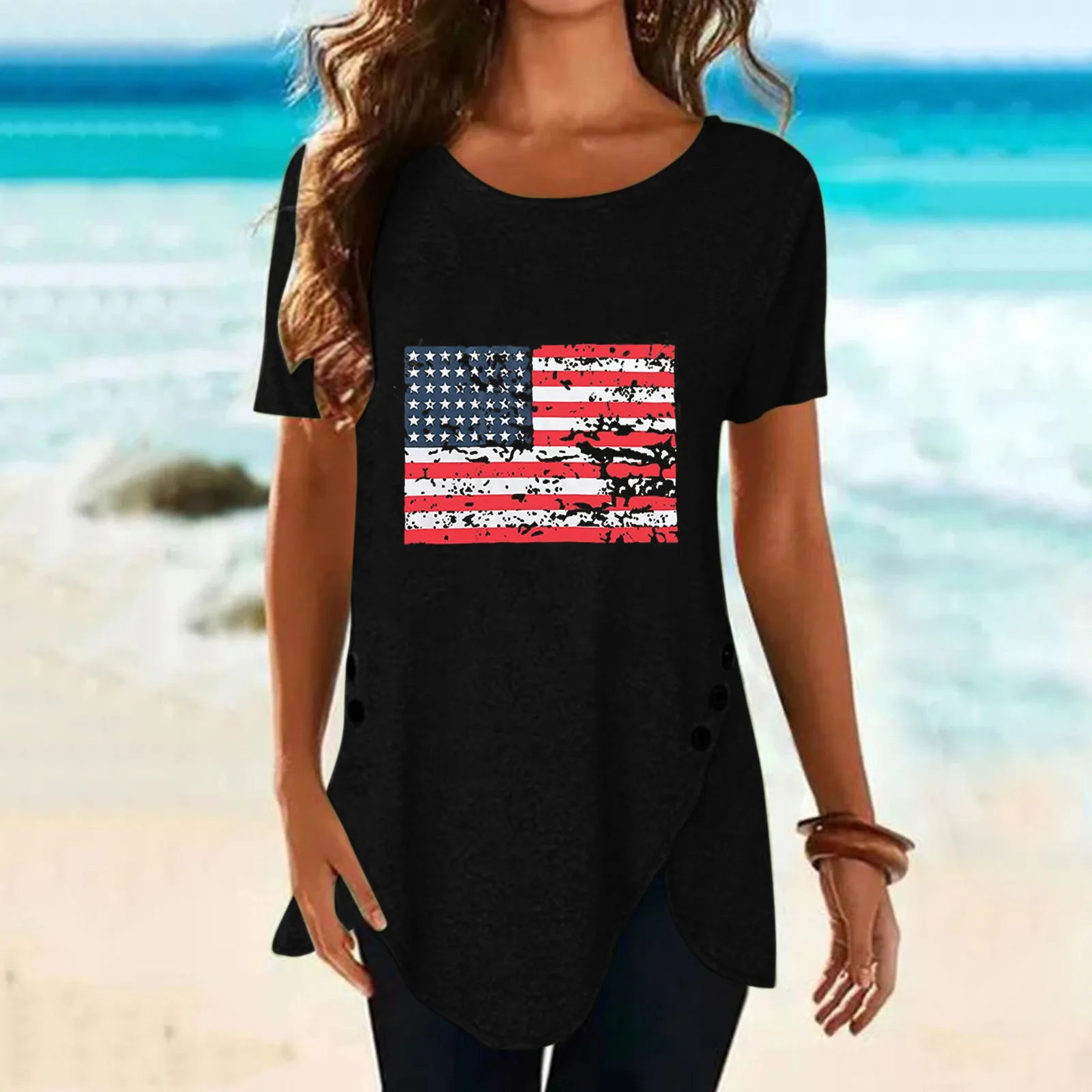 

Printed Tops For Female Plus Size Summer Clothes Blusas Mujer De Moda 2021 Ladies Summer Irregular Button Short Sleeve O-neck