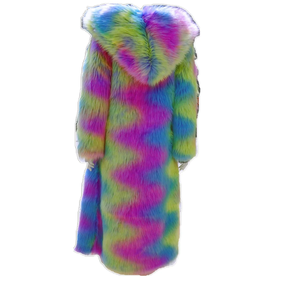 

GTGYFF winter striped rainbow maxi long faux fur coat with hood women's hooded thernal coats hoodies outerwear jacket oversize