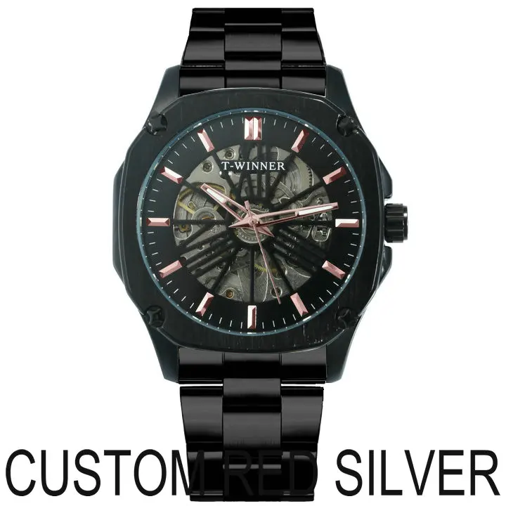 CUSTOM RED SILVER WINNER официальный розовое золото автоматические механические мужские часы лучший бренд класса люкс Скелет квадратный циферблат Винтаж Бизнес наручные часы - Цвет: CUSTOM RED SILVER