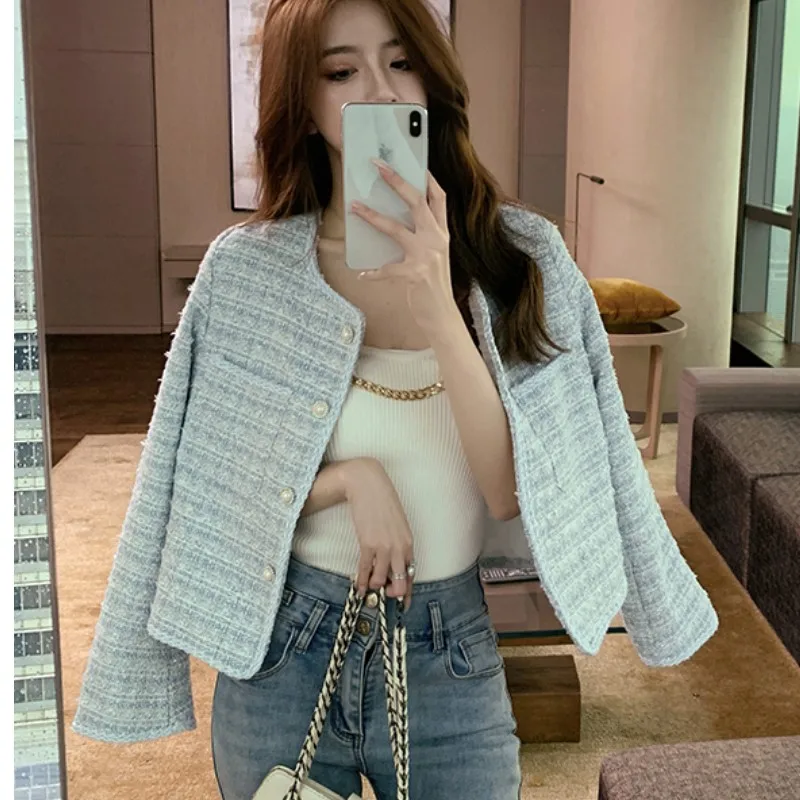

Женский твидовый жакет, винтажный, офисный, с длинным рукавом, в Корейском стиле, повседневная верхняя одежда, осень 2021