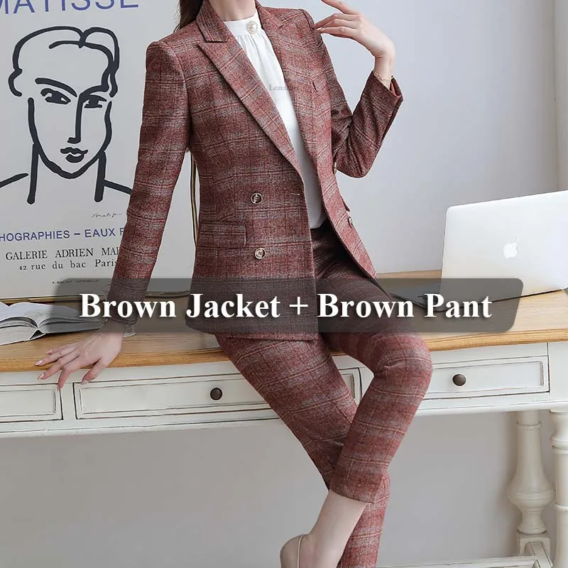 2 Pieces Brown Suit Lenshin, высокое качество, комплект из 2 предметов, клетчатый Деловой брючный костюм, Блейзер, Офисная женская униформа, дизайнерская женская деловая куртка и штаны - Цвет: 2 Pieces Brown Suit