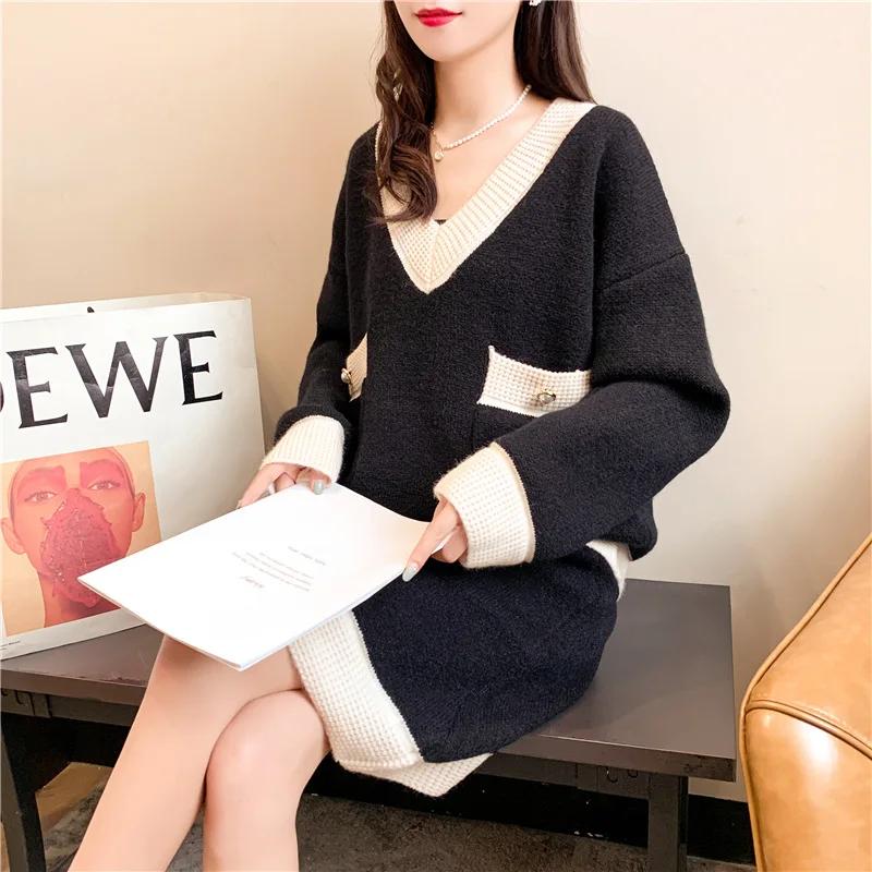

Knitted Top + Skirt Suit 2020 Elegant Graceful V-neck Sweater Slimming Color Matching French Two-Piece Women's Clothing