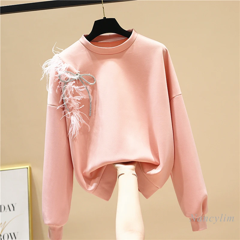 

Pink Hoodie Women 2021 Spring New Feather Bow Loose Sweatshirt Female Students Casual Long Sleeve Pullovers Nancylim