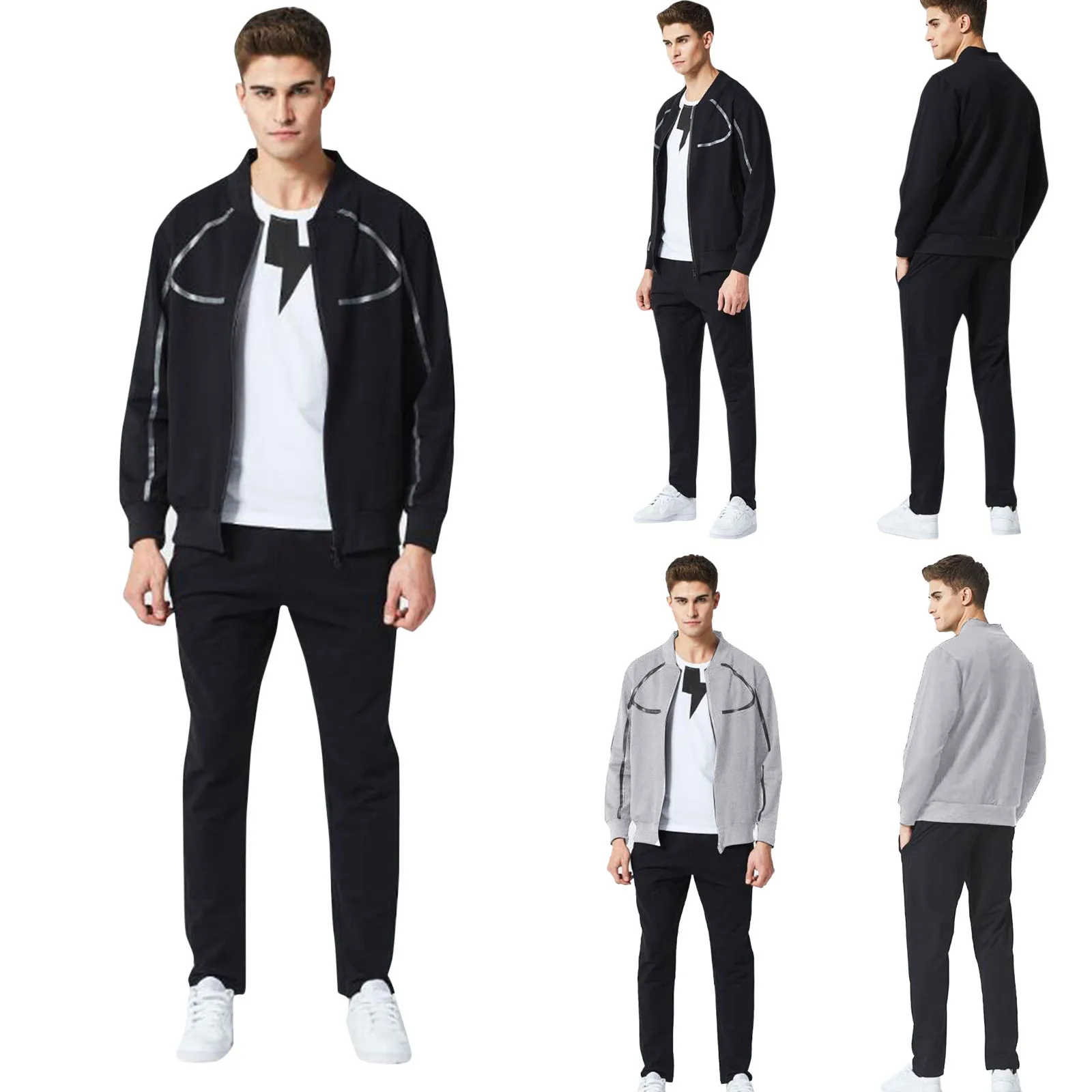 

Men's Silk Cotton Long Sleeve Sport Two-Piece Zipper Contrast Print Line Suit 2021 Men's Casual Sports Suit Chandal Hombre F