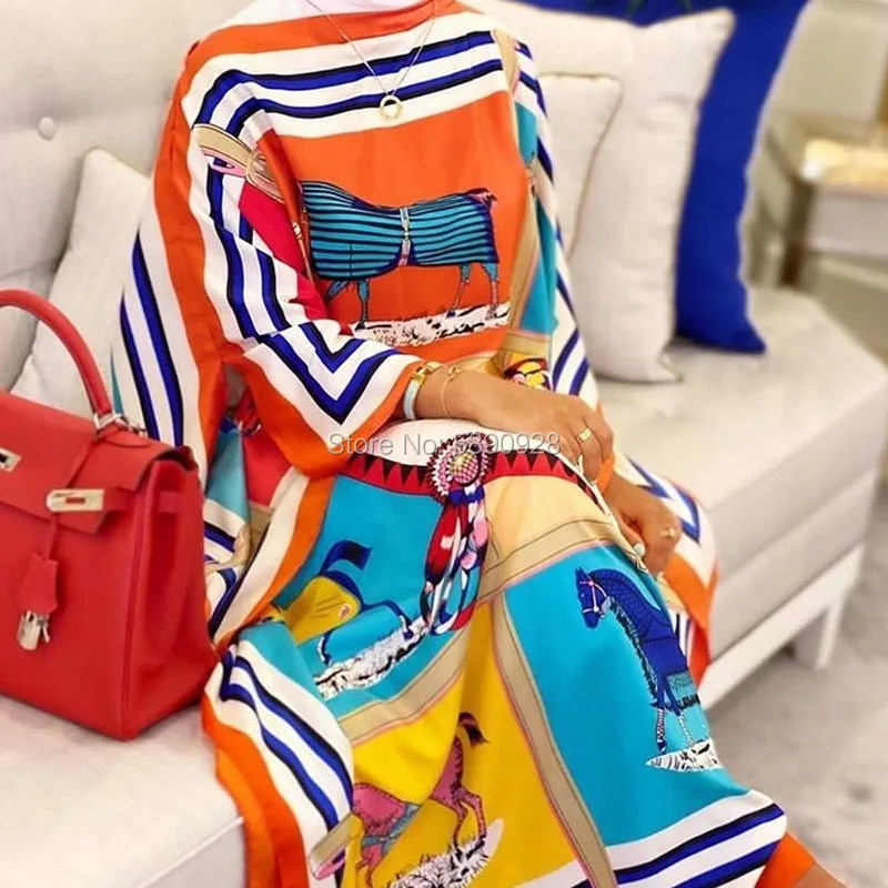 Африканская мода блоггер рекомендуется популярный Шелковый кафтан с принтом платья макси свободные летние пляжные богемные кафтан длинно...