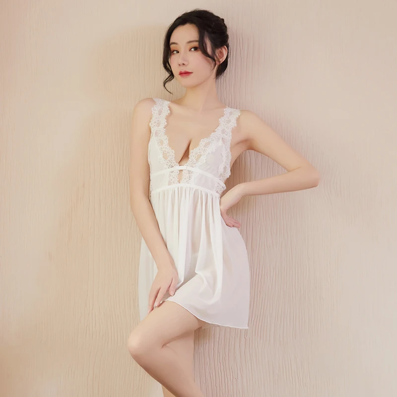 

New Women Sexy Lingerie Deep v-Neck Perspective Lace Splice Chemise Babydoll Erotic Lingerie Sexy Nightdress with T-back 90029