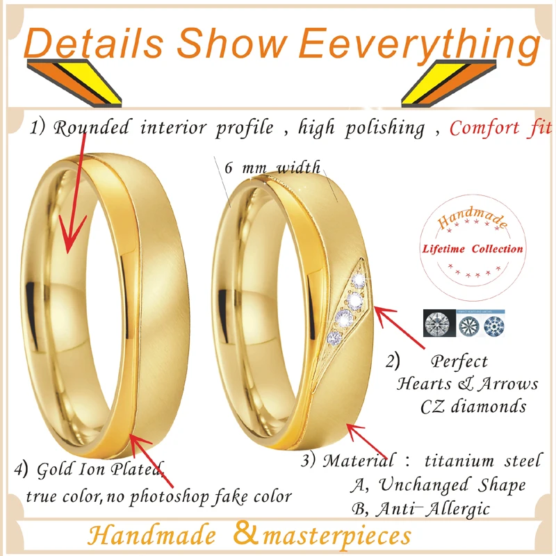 1 пара 18k позолоченные Свадебные Кольца Набор для пар любовь Альянс ювелирные