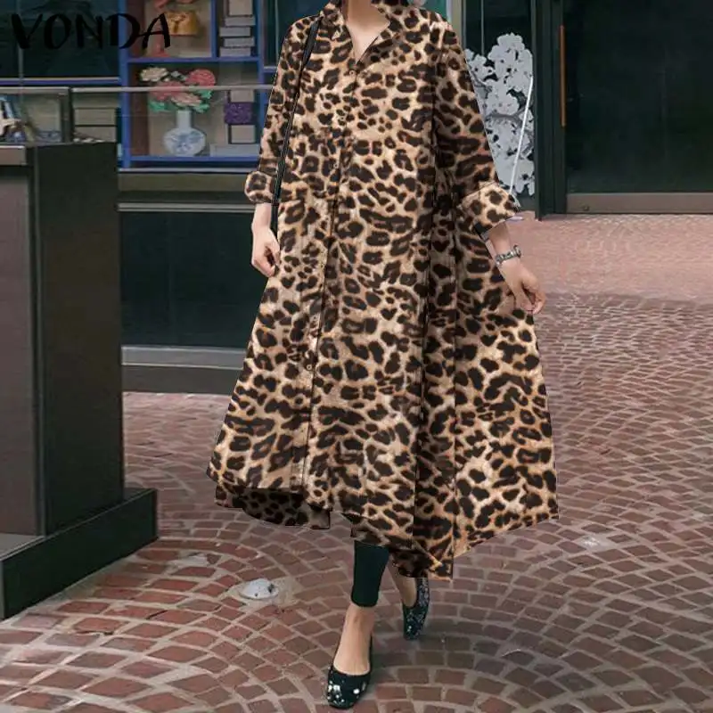 

Printed Shirt Dress S- Women Fashion Long Sleeve Lapel Button Shirt Dress Leopard Print Holiday Party Long Sundress Vestidos