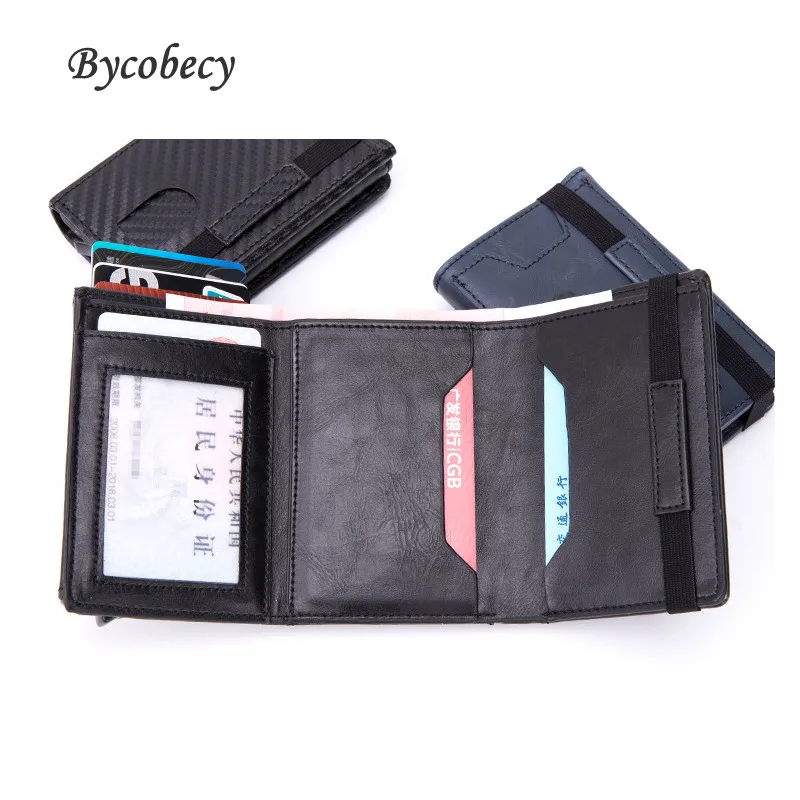 

Bycobecy 2021 New PU Leather Wallet Multifunctional Men Clutch Carbon Fiber Card Holder RFID Blocking Case Metal Box Female Bag