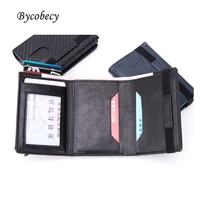 bycobecy 2021 new pu leather wallet multifunctional men clutch carbon fiber card holder rfid blocking case metal box female bag