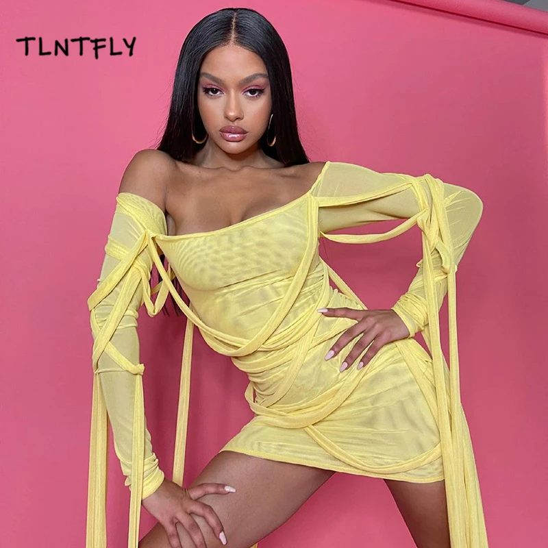 

Bandage Dress Club Outfits For Women 2021 Party Dresses Fashion Design Perspective Mesh Sexy Tassel Personality Street Style