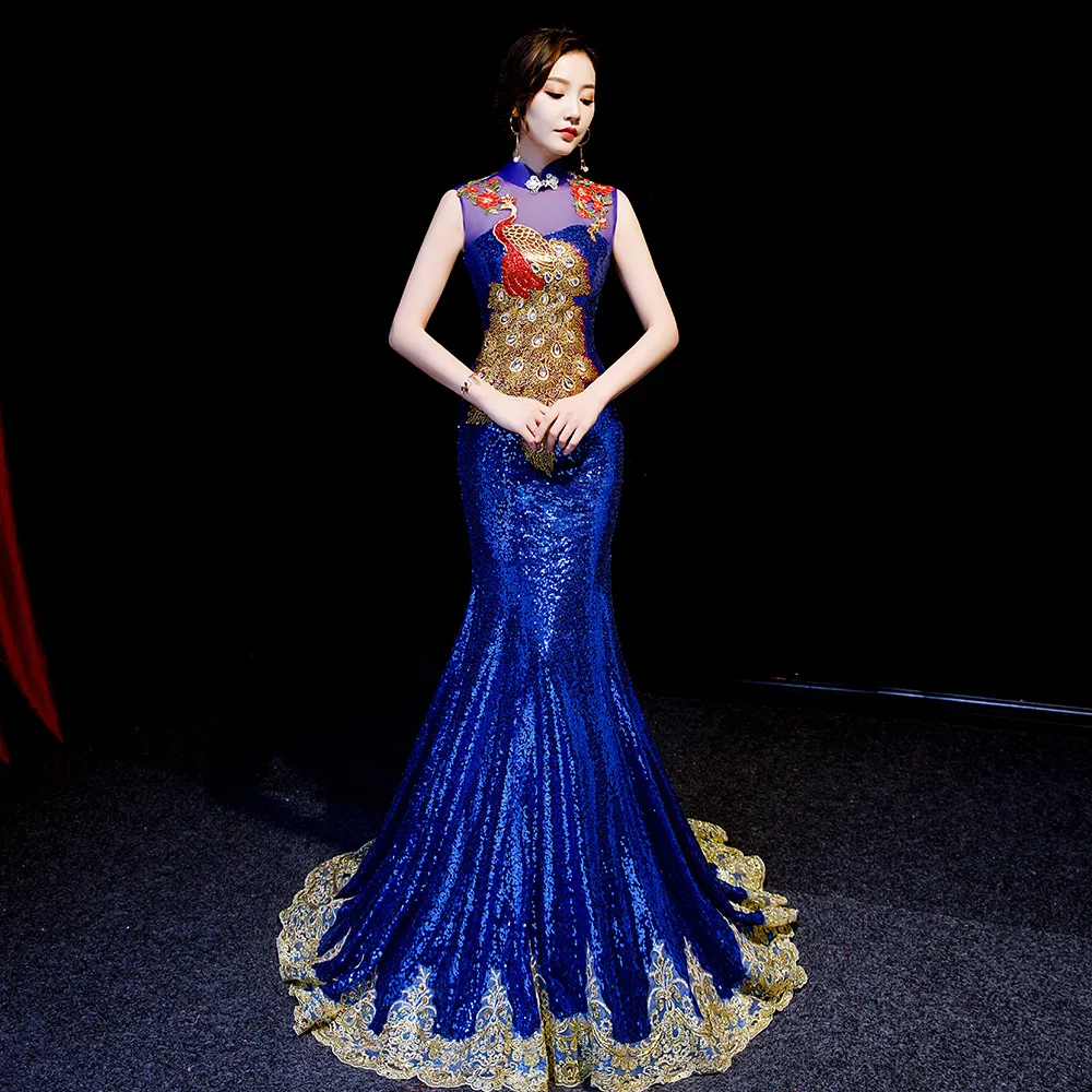 Вышитый павлином китайский стиль длинный со шлейфом Чонсам сексуальное тонкое