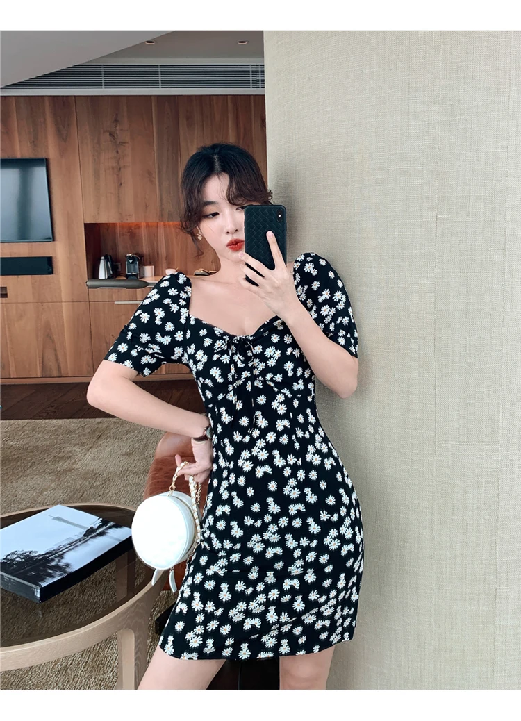 

Summer Women Casual Plus Size 3XS-10XL Retro Vintage Daisy Floral Print Short Dress Puff Sleeve Empire Waist Mini A Line Dresses