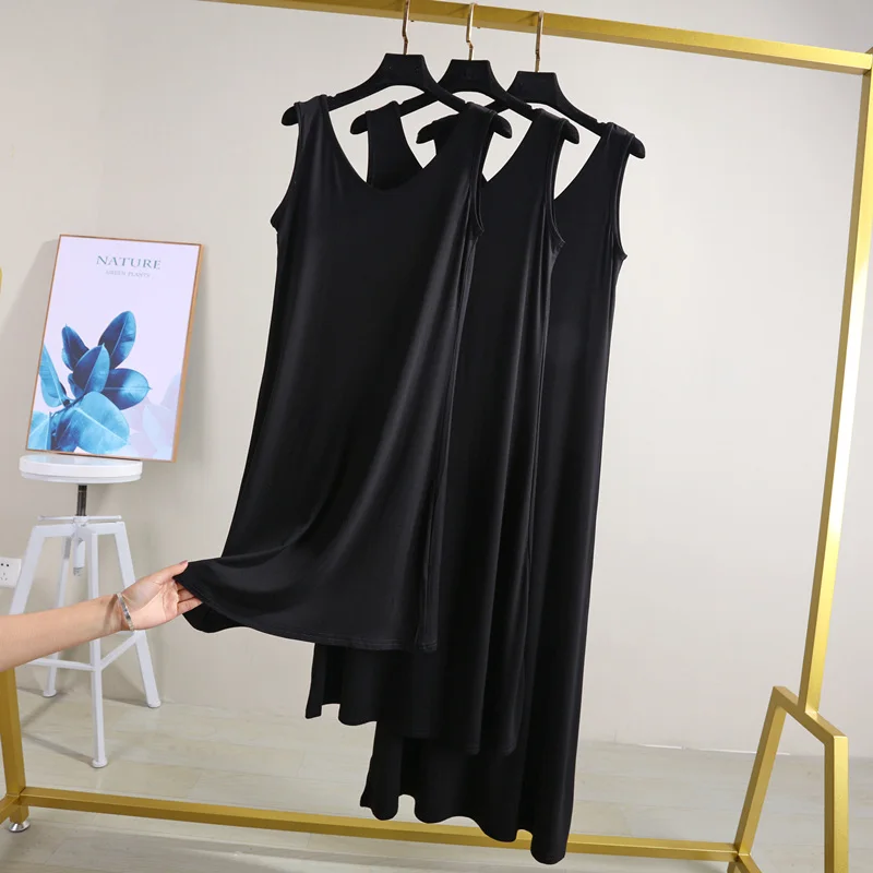 Женское длинное платье комбинация из модала пикантное однотонное майка черного