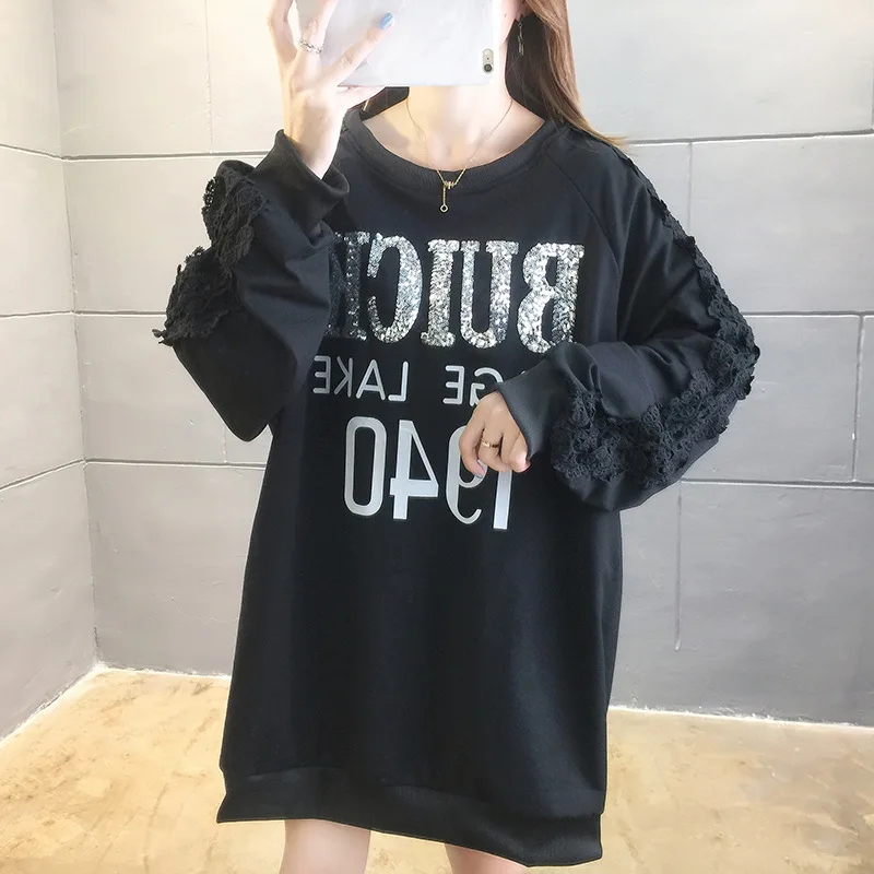 

Women's 2020 New Spring and Autumn Thin Loose Korean Lace Sequins Mid Long Early Autumn Clothes Printing Ins Trend Long Sleeve