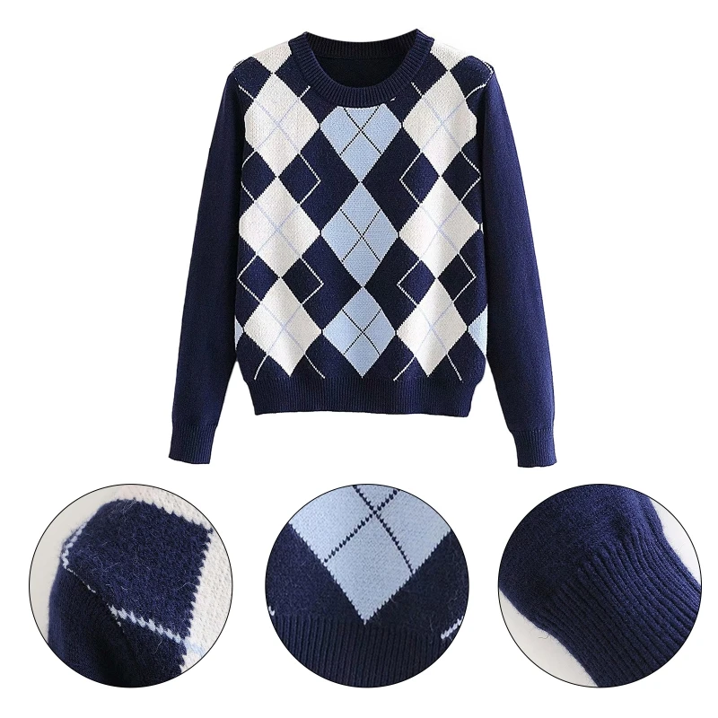 

Women Preppy Style Long Sleeve O-Neck Sweater Argyle Plaid Knitted Jumper Tops for Slimming Sweater