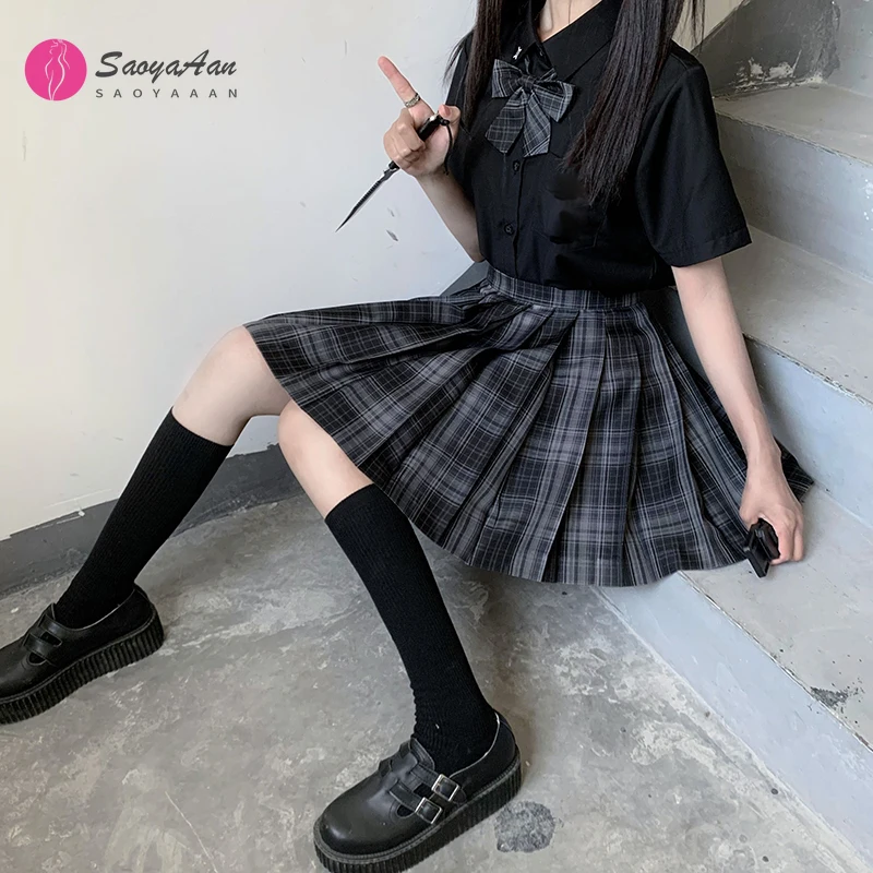 

[Lonely City] Long/Short Sleeve Stundent Lady Girls High Waist Plaid Pleated Skirts JK School Uniform Anime Clothes