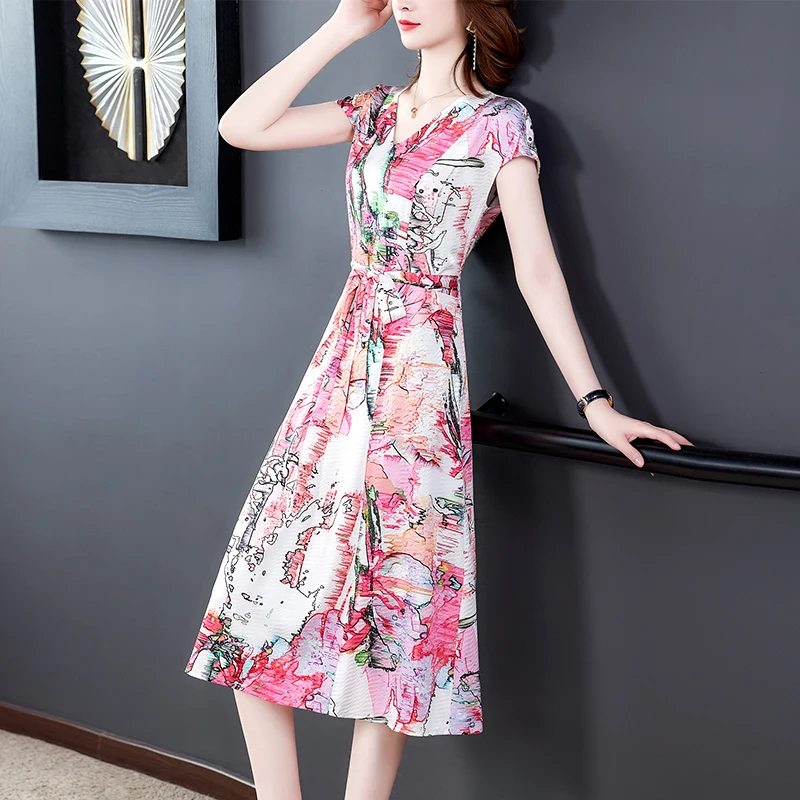 

Women Long Floral Print Silk Dress Summer 2021 Runway Elegant Korean Casual Office Lady Vacation Party Night Vestidos New
