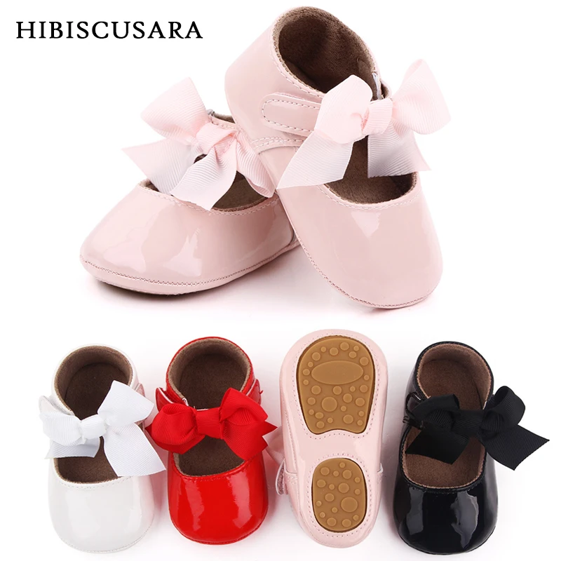 Spring Baby Girl Princess Crib Shoes Patent Leather Toddler First Walkers Big Bow Infant PU Soft Shoes Non-slip Rubber Sole