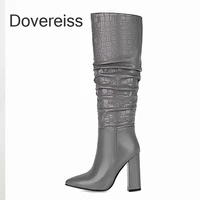 dovereiss fashion shoes for woman winter pure color red pointed toe sexy block heels knee high boots elegant mature 42 43