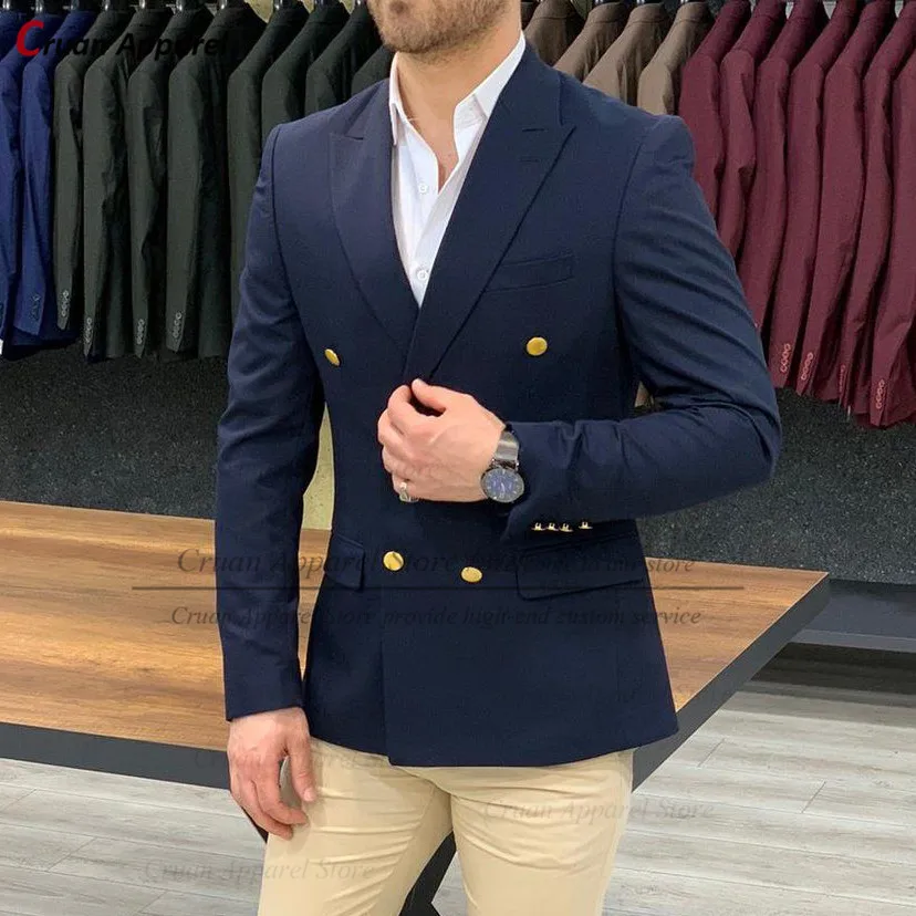 Gold Buttons Casual Slim Fit Double Breasted Business Male C