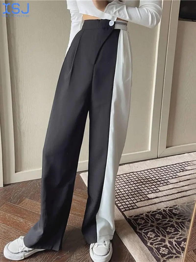 

Women's Vintage Black White Stitching Pants High Waist Trousers Loose Wide Leg For Women Summer Fashion Casual Suit Pant