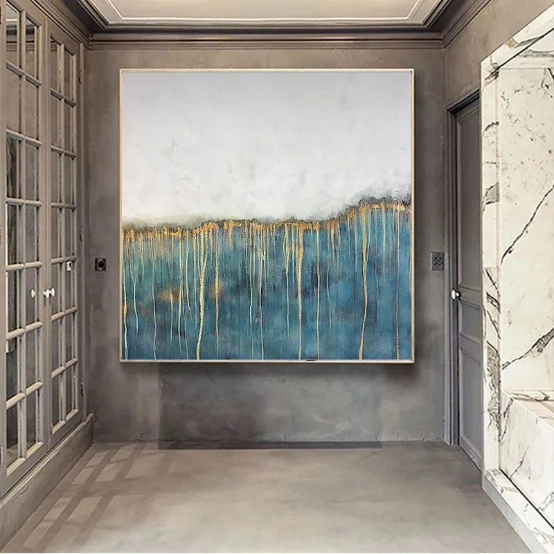 

Абстрактная фольга ручной работы, картина маслом, настенная живопись, Современная синяя белая картина, Картина на холсте, подарок, домашний ...