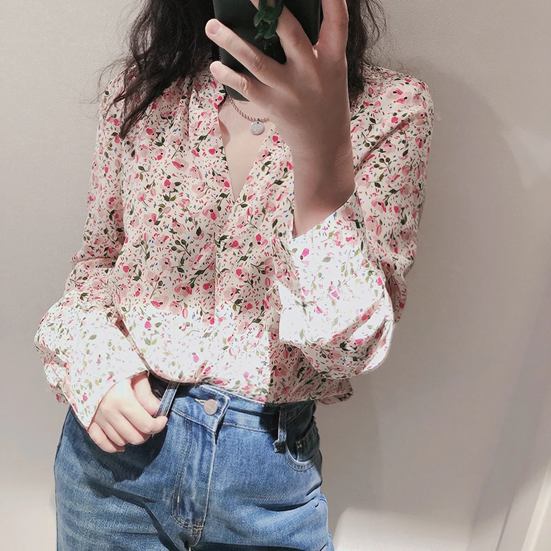 Женская кружевная блузка из 100% шелка с v образным вырезом длинными рукавами и