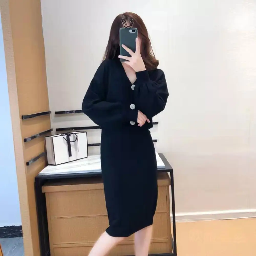 

Women Set Knitted Sweater Long Sleeve Solid Elastic Soft Knit Skirt Winter Fall Female Elegant Casual Girl's Sets A57