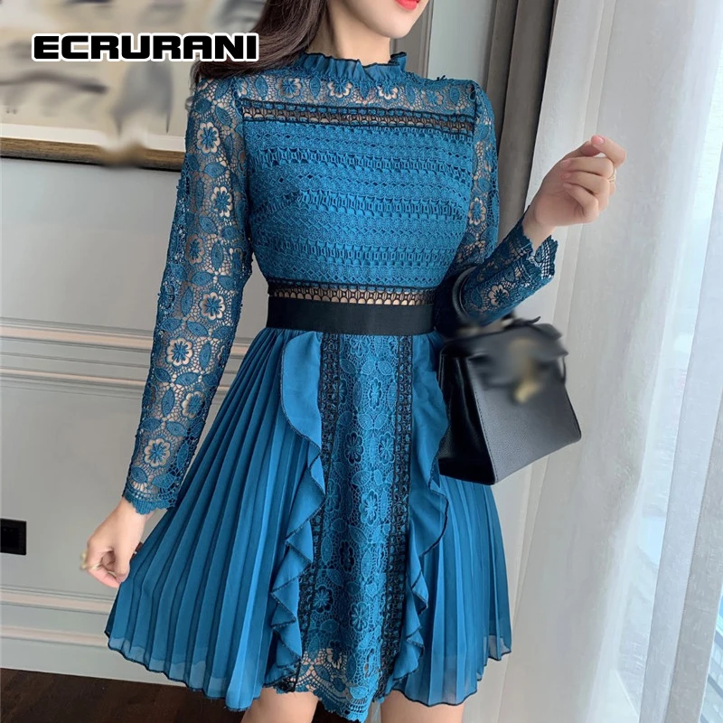 

ECRURANI Vintage Dress For Women Stand Collar Long Sleeve Hollow Out Lace Pleated High Waist Dresses Female Summer Clothing 2021