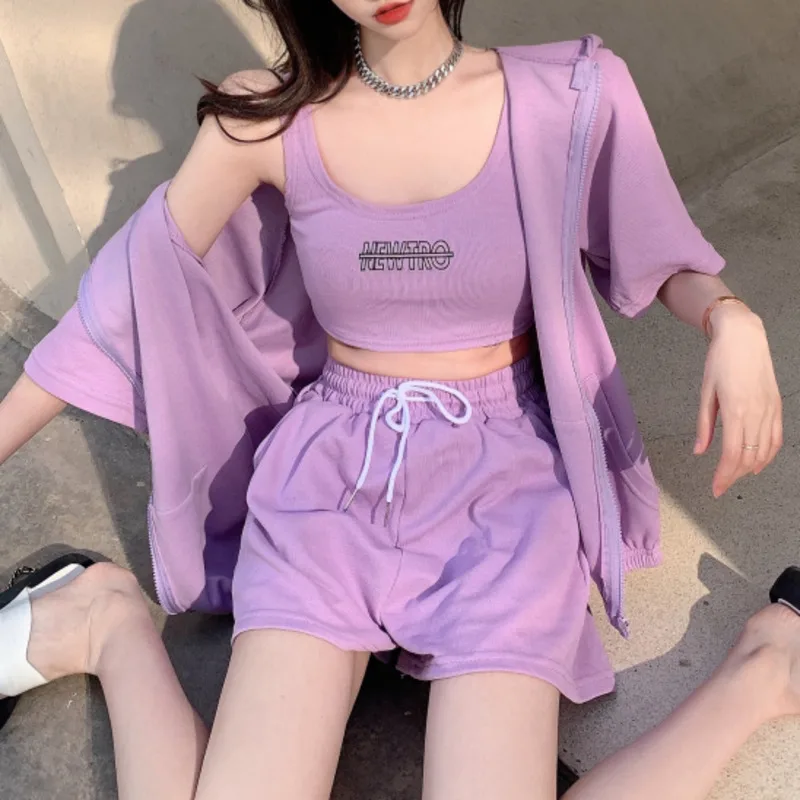 

2021 New Summer Ladies Sportswear Three Piece Set Fashion Hooded Jacket + Sexy Letter Camisole + Casual Sports Drawstring Shorts