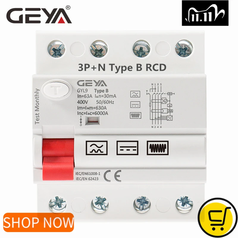 Выключатель тока утечки GEYA Din Rail постоянный ток RCCB RCD 4P 63a 30 мА 300 Тип B 10